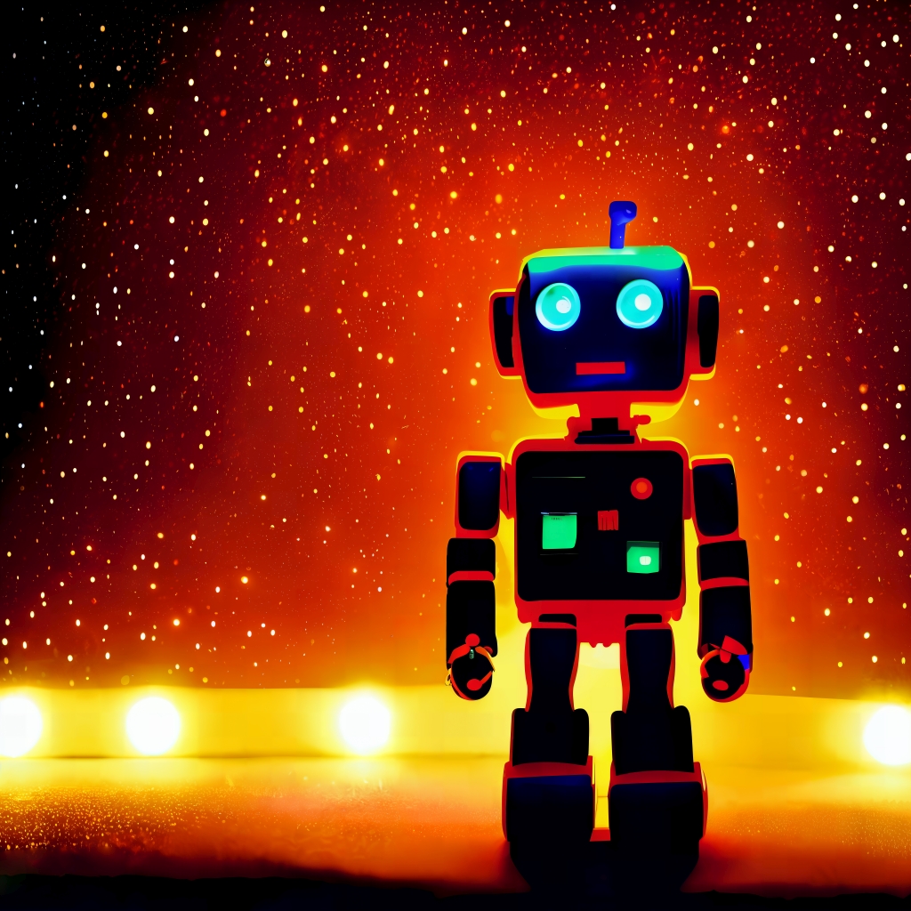 A painting of a robot, standing straightened in front of a black and red starry backdrop, facing the camera with blue glowing eyes.