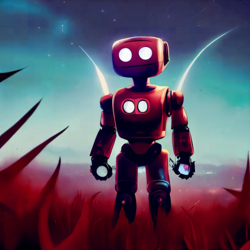 A painting of a large red robot, with white glowing eyes in his head and chest, standing on a field of red thorns. In the background are two opposing large half moon sichels.