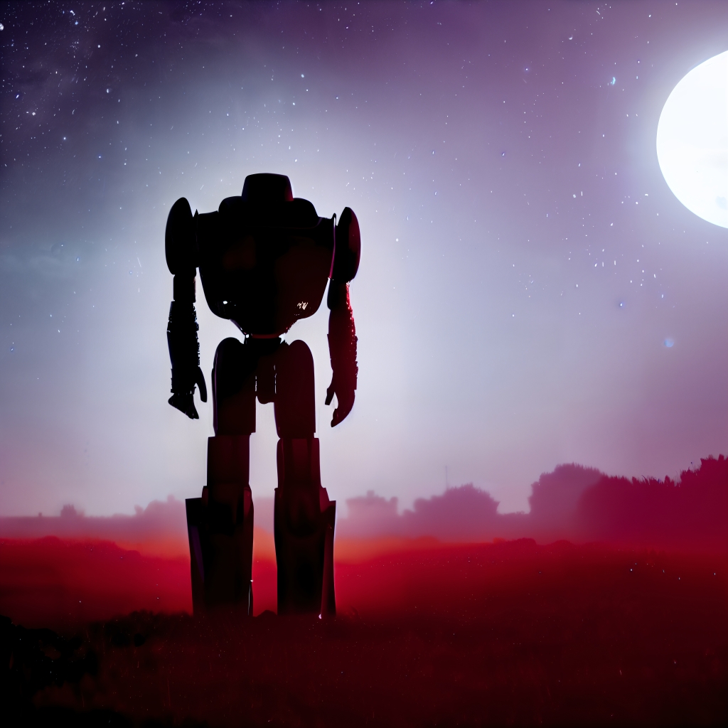 A painting of silhouette of a large robot, standing still on a wide red field. In the background is a partial view of a full moon.