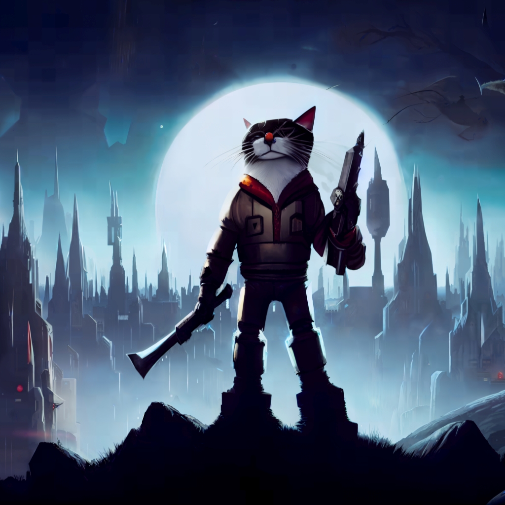 A painting of a dressed cat standing on its rear legs, in the middle of the picture, looking fierce and holding arms in both paws. In the background is very large full moon and futurous city with narrow and tall buildings.