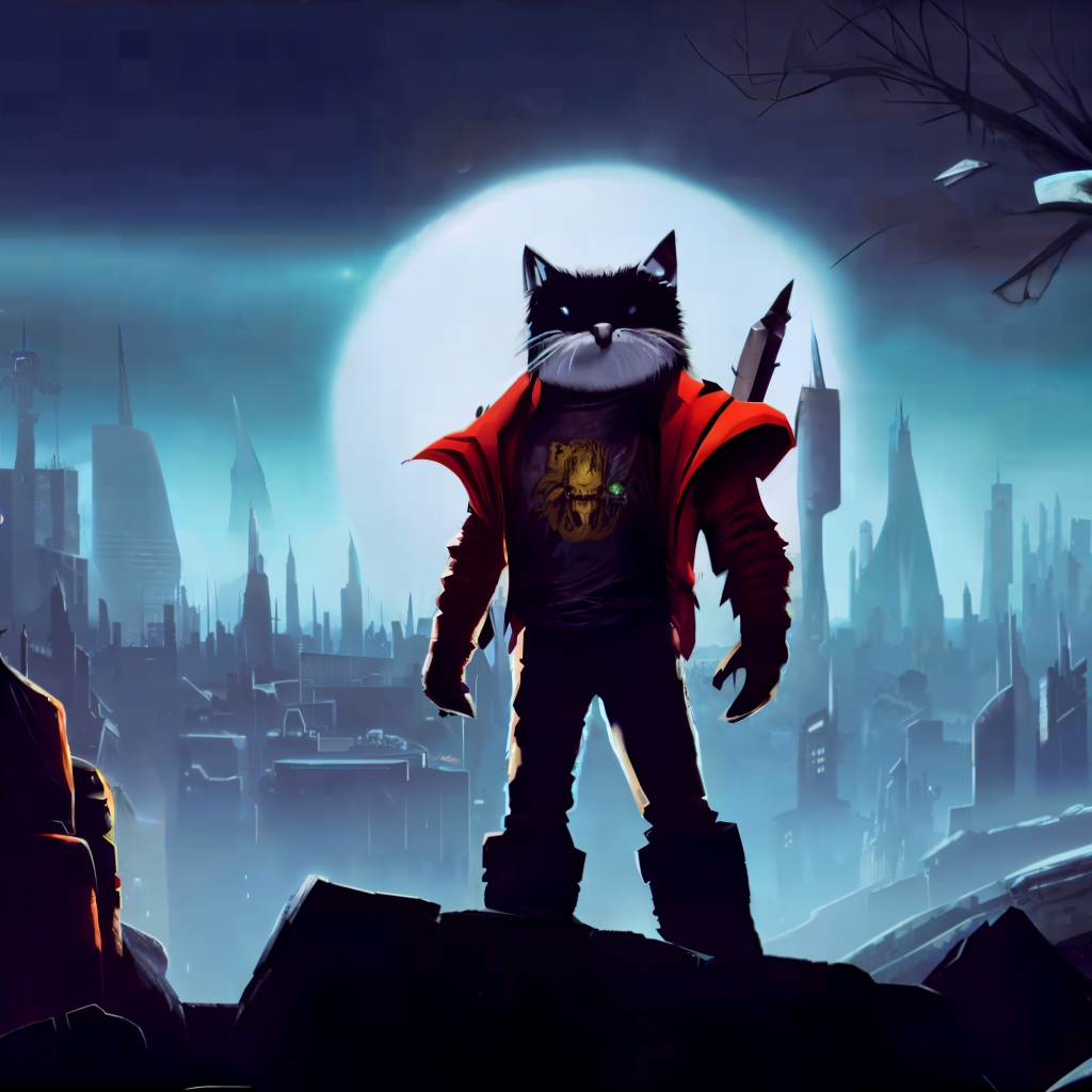 A painting of a dressed cat standing on its rear legs, in a wide stance, in the middle of the picture, looking fierce. In the background is very large full moon and futurous city crowded with narrow and tall buildings.