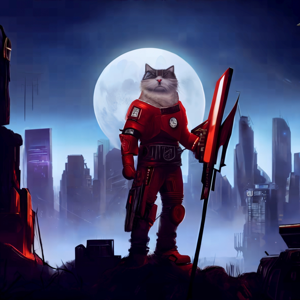 A painting of a dressed cat standing on its rear legs, in a strong narrow stance, in the middle of the picture, looking fierce and holding a long pike. In the background is very large full moon and futurous city crowded with tall buildings.