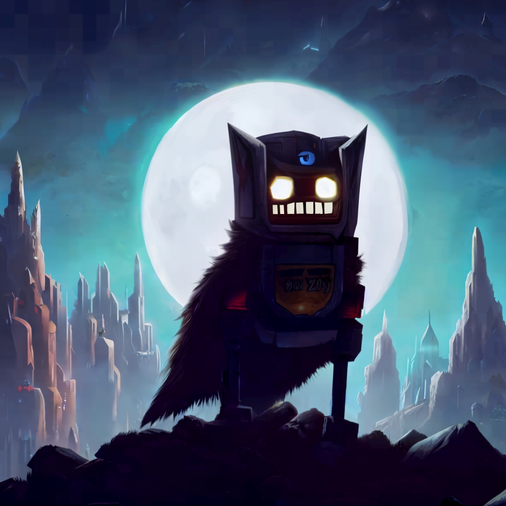 A painting of a creature being half cat, half robot with glowing eyes, standing on a pile of rocks, looking at the camera. In the background is a very large full moon and cathedral-like rocks.