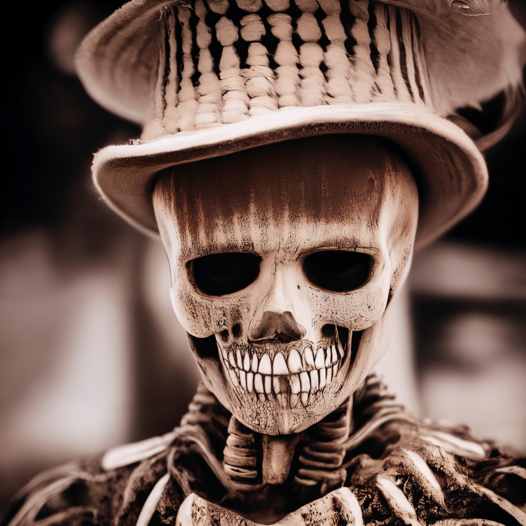 A portrait photography of a skull wearing a high fabric hat