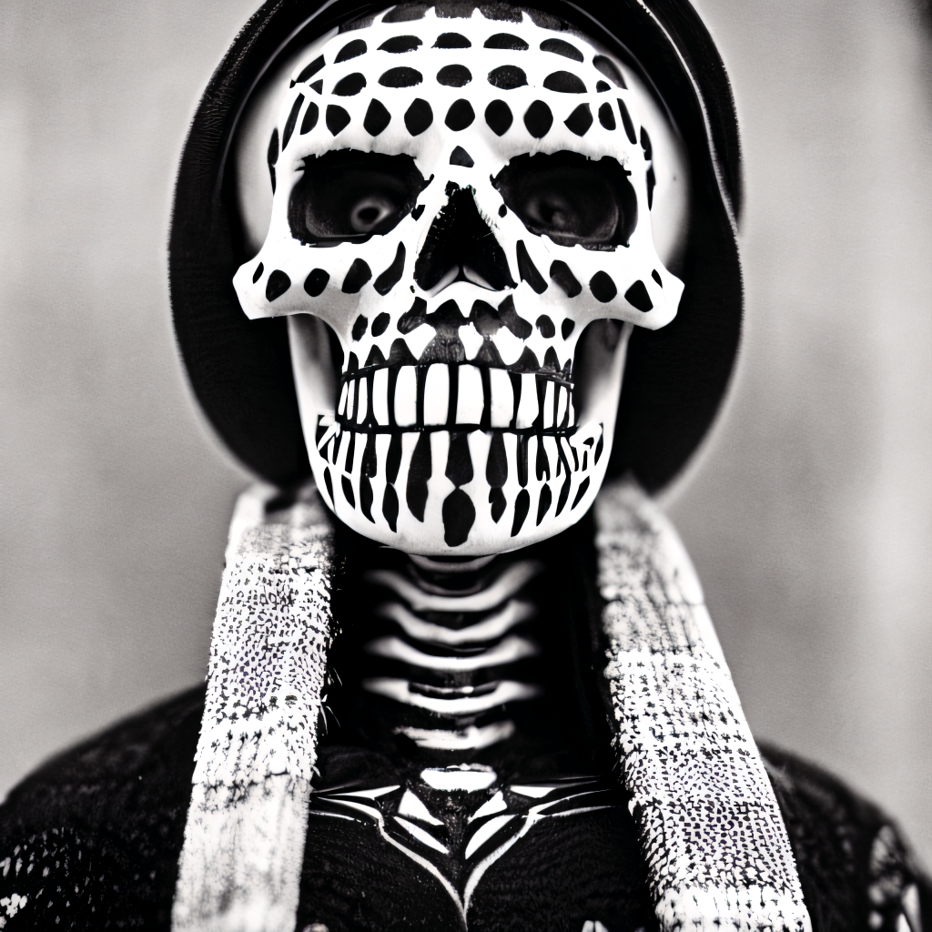 A portrait photography of a skeleton with dotted paint, wearing a hat and a scarf.