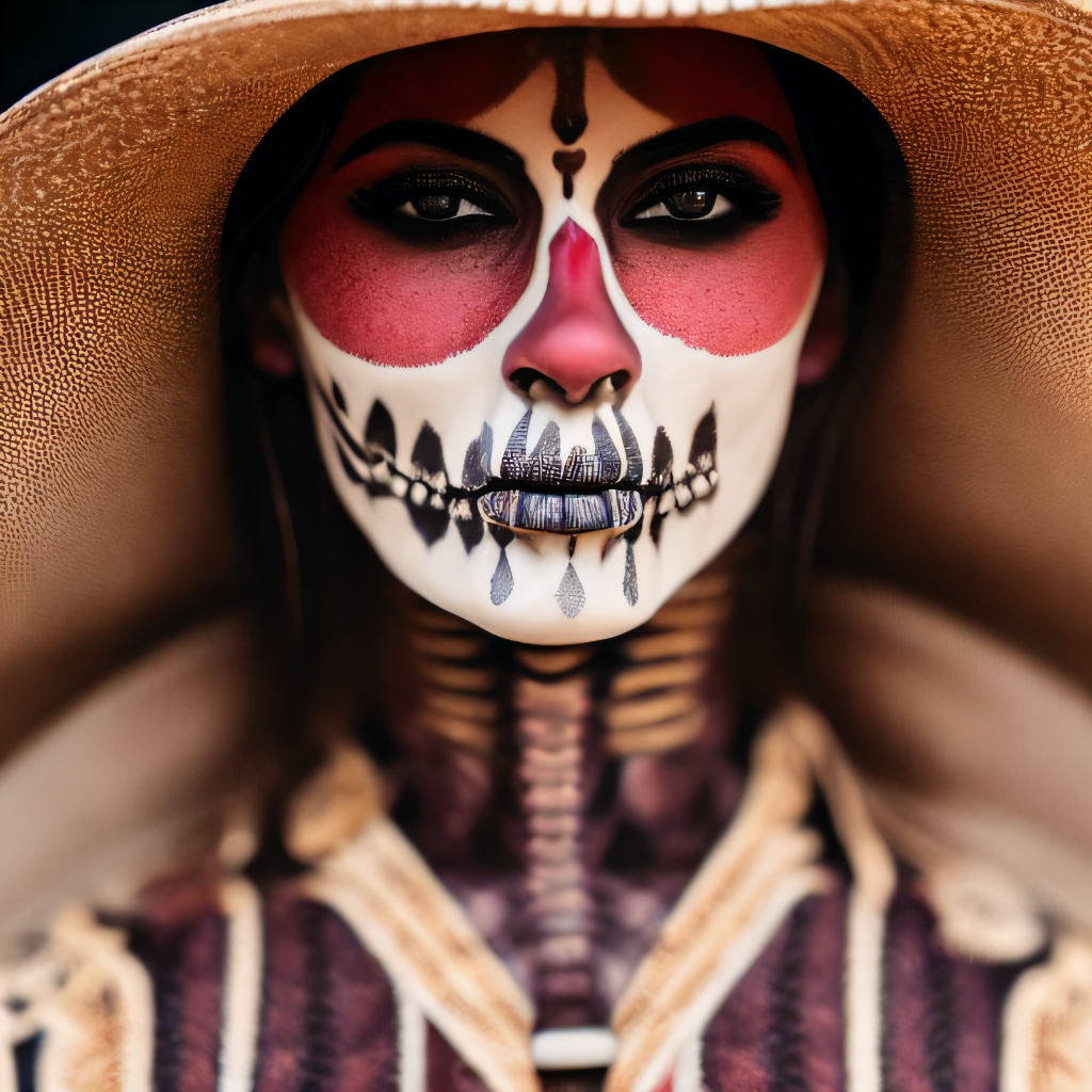 A portrait photography of a woman with skeleton paint and ornaments in a mexican fashion